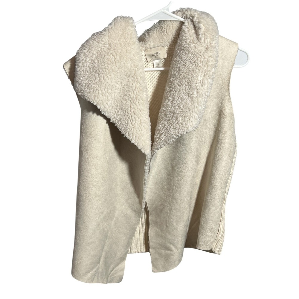 LOFT Outlet Women's Cream Faux Suede Sherpa Vest Size M Open Front Knit Back